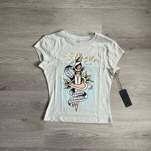 Ed Hardy White Fitted Graphic Cap Sleeve Tee